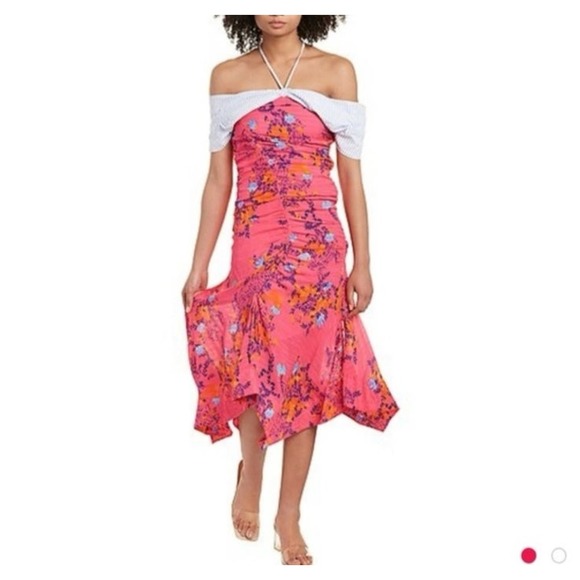 TANYA TAYLOR Virginia Ruched Silk Off the Shoulder Dress Midi‎ - Picture 9 of 12